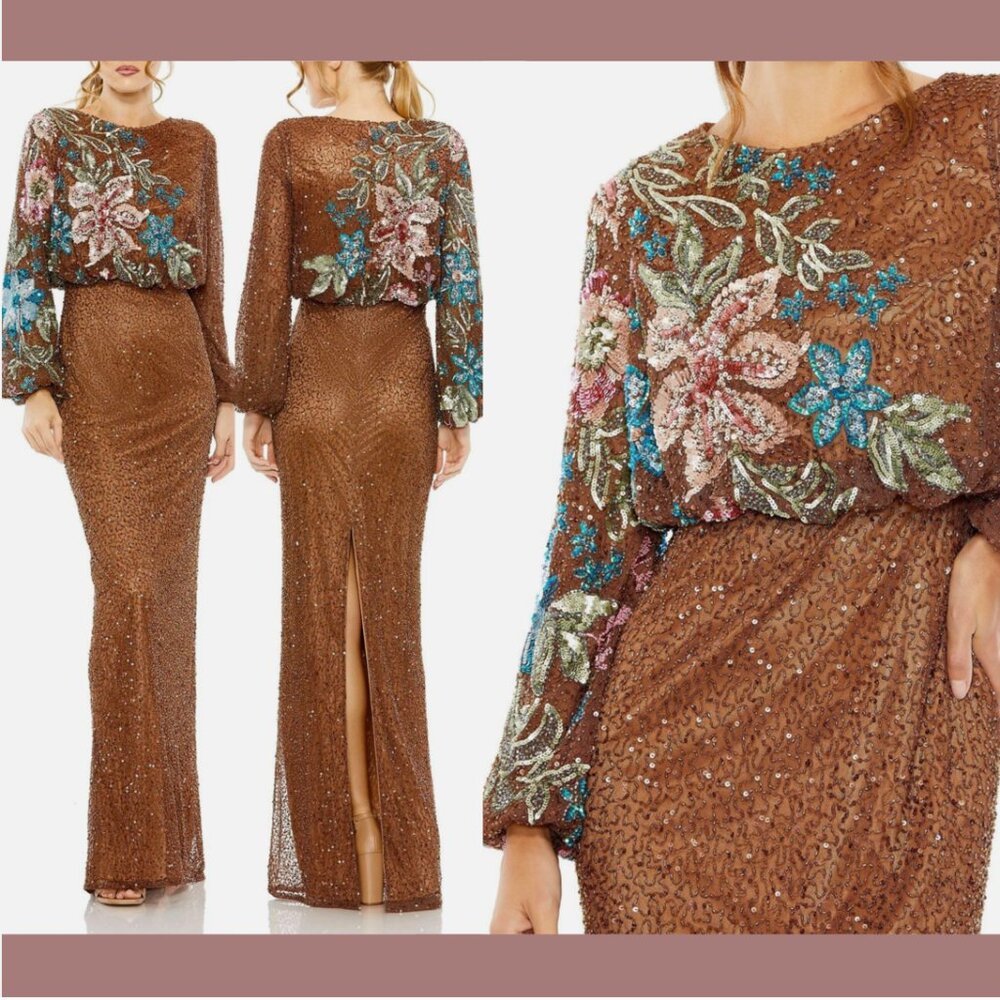 NWT $598 Mac Duggal [ SZ 4 ] Embellished Multicolor Floral High Neck‎ Gown #Q768